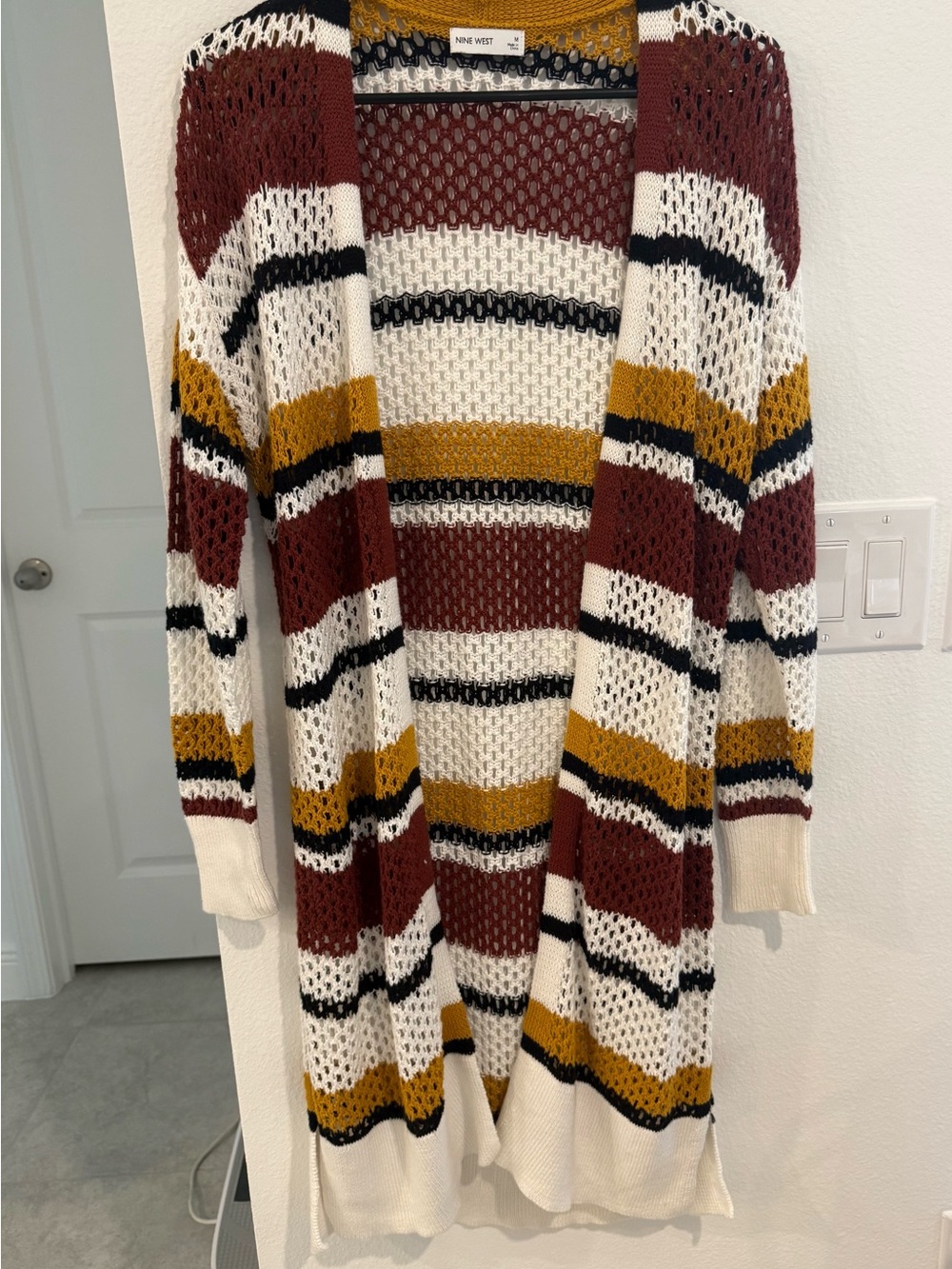 Nine West Open-Front Striped Cardigan in White, Rust & Mustard